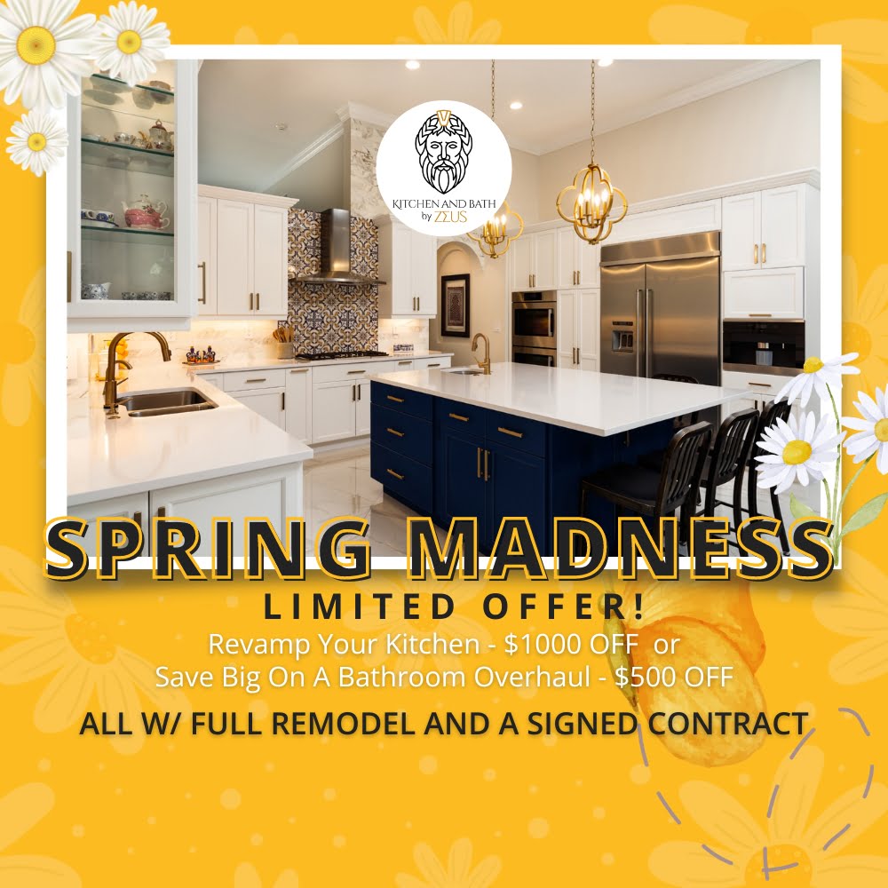 Promotional graphic for a kitchen and bathroom renovation discount offer, featuring an image of a modern kitchen.