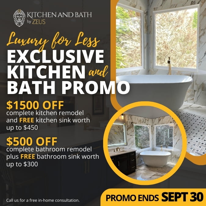 Promo flyer for Kitchen and Bath by ZZUS offering $1500 off kitchen remodels with free sink and $500 off bathroom remodels with free sink. Promo ends Sept 30. Background features a luxury bathroom.