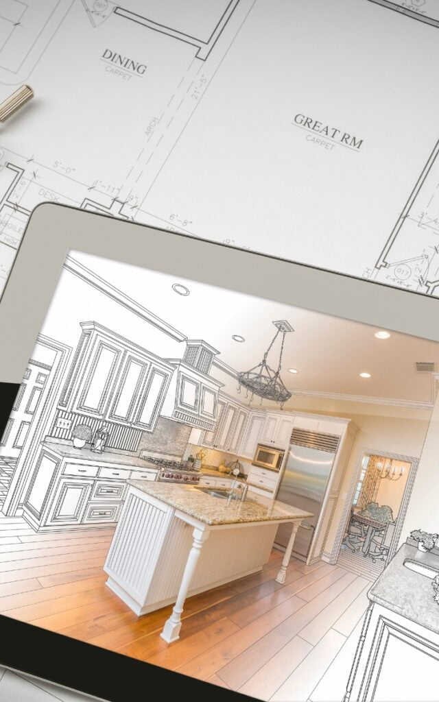 Kitchen and Bath by Zeus provides Marietta remodeling services, displaying a kitchen drawing on a tablet.