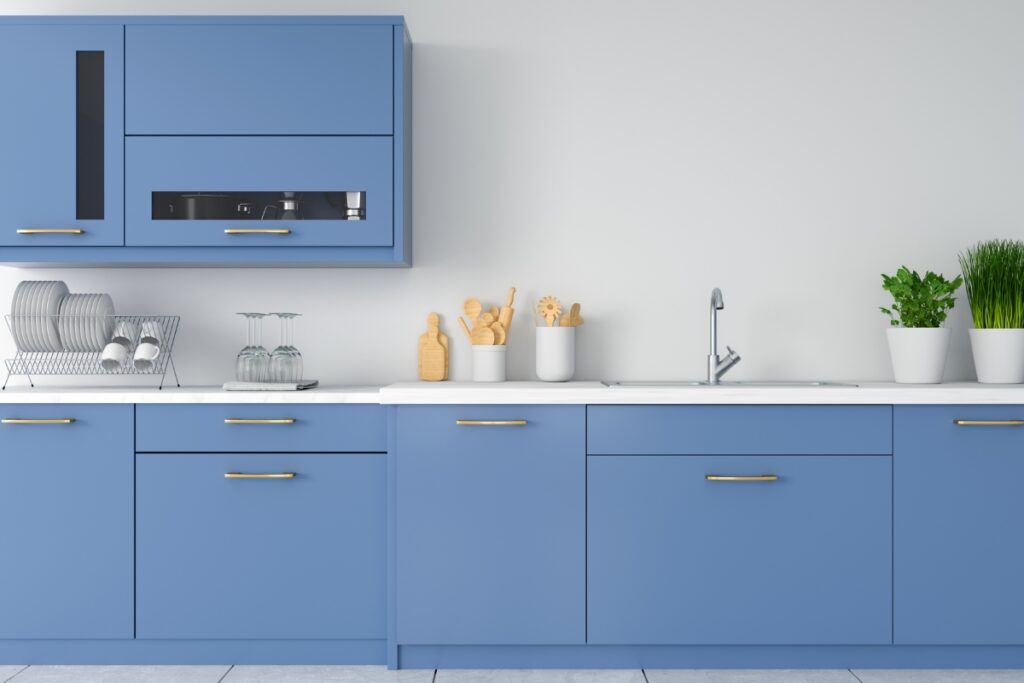 A blue kitchen with white cabinets and a potted plant, featuring countertop colors for white kitchen cabinets.