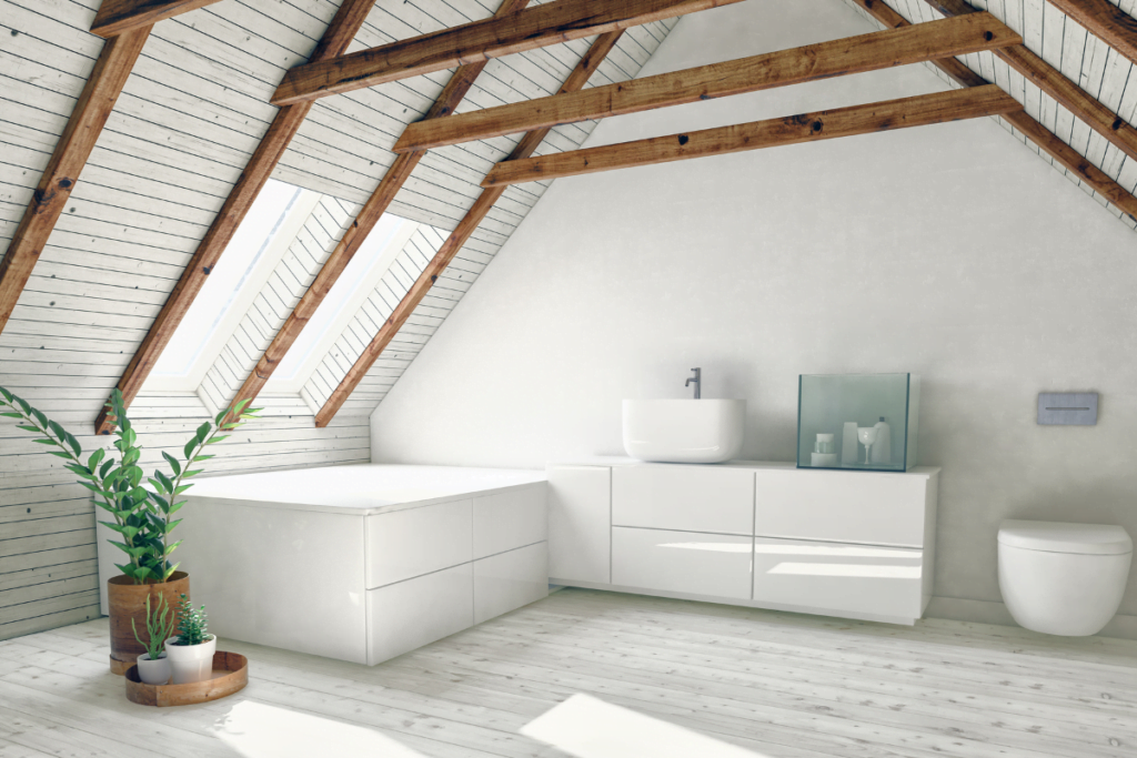 An eco-friendly attic bathroom with white walls and wooden floors.