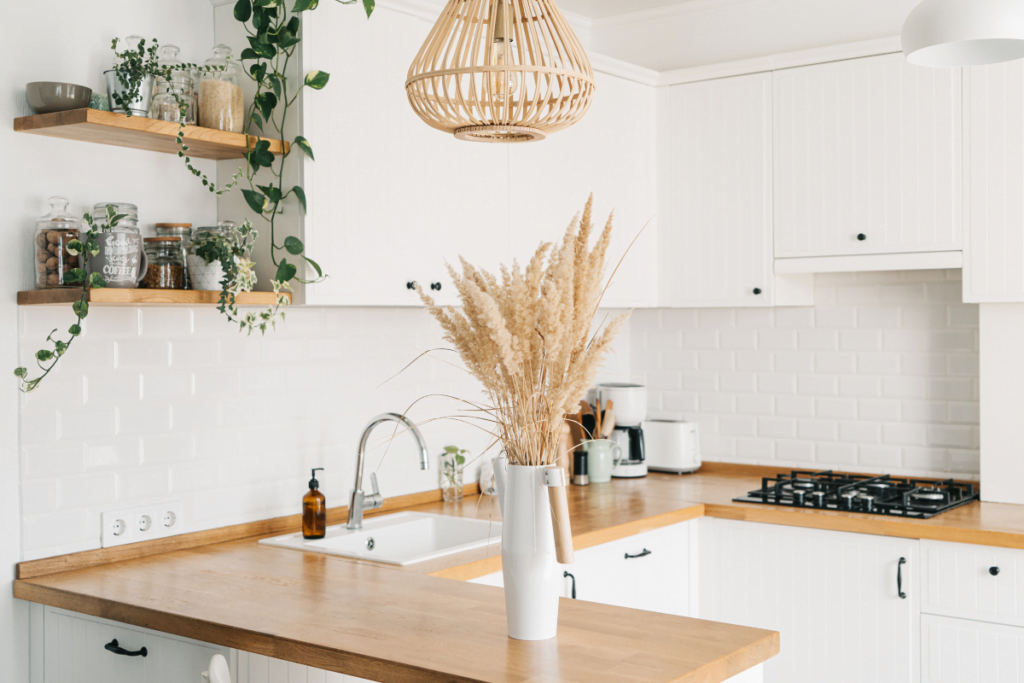 A trendy white kitchen with a potted plant on the counter.