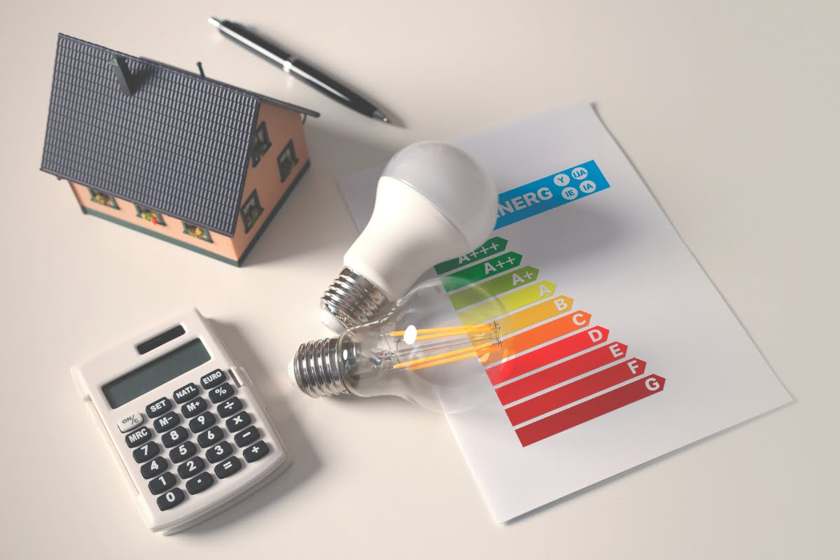 A small model of a house, a pen, an LED bulb, an incandescent bulb, an energy efficiency rating chart, and a calculator are placed on a flat surface, highlighting the importance of home energy efficiency.