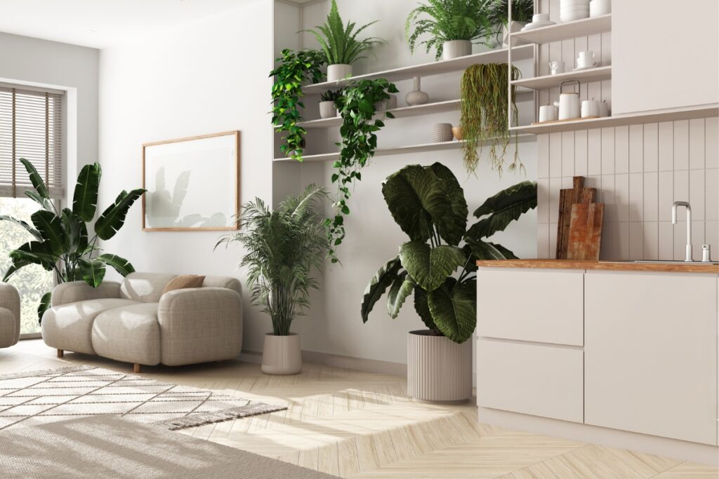 A modern living space with a beige sofa, large potted plants, light wood flooring, an area rug, open shelves, and a minimalist kitchen featuring white cabinets and a wooden countertop that aligns with the latest kitchen design trends.