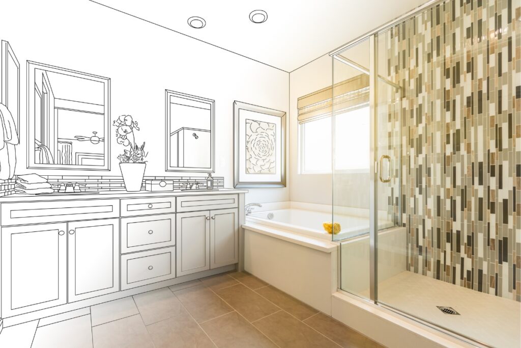 Image showing a split view of a bathroom; the left side appears as a line drawing of a vanity area, while the right side showcases the fruits of diy bathroom projects, featuring a finished space with a glass shower and tub.