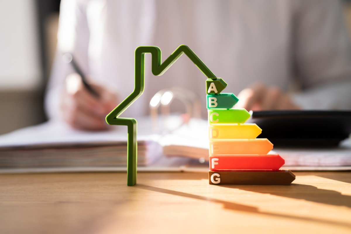 A person writes on paper with a pen at a desk. In the foreground, a house-shaped energy efficiency rating chart displays colored bars labeled from A to G, indicating various efficiency levels, hinting at potential benefits of home automation systems.