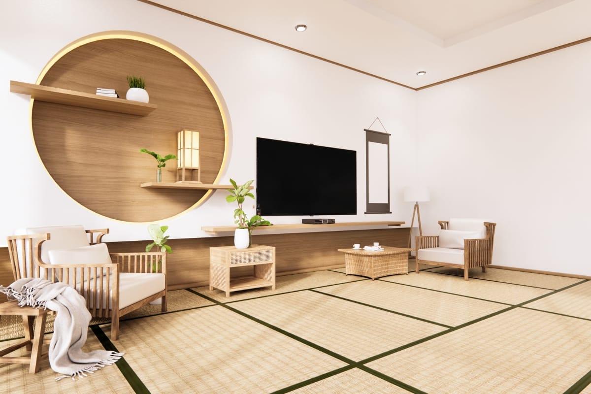 Minimalist living room with Japanese-inspired cultural design, featuring a large TV, circular wall shelf with plants and lamp, wooden furniture, and tatami mats.