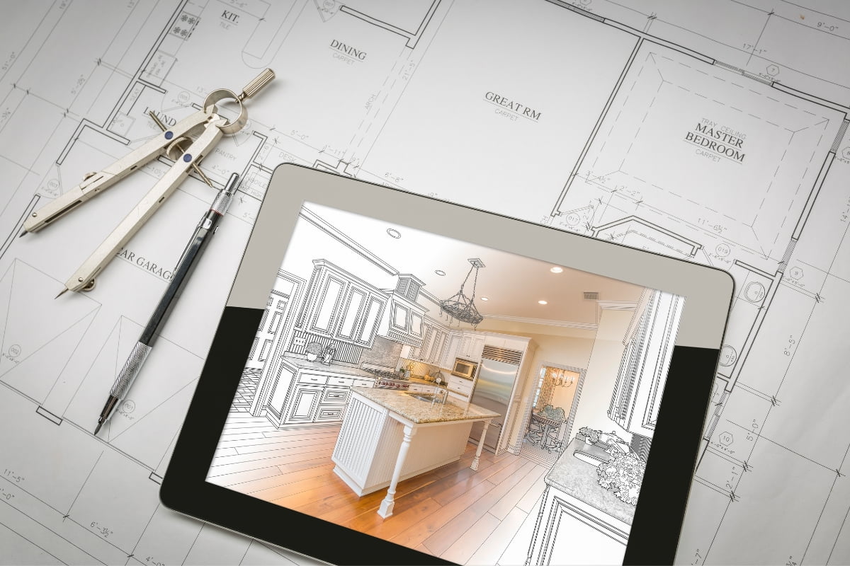 Architectural drafting tools and a tablet displaying a kitchen design overlay on house floor plans illustrate the transition from blueprint to digital visualization, emphasizing healthy home design principles.