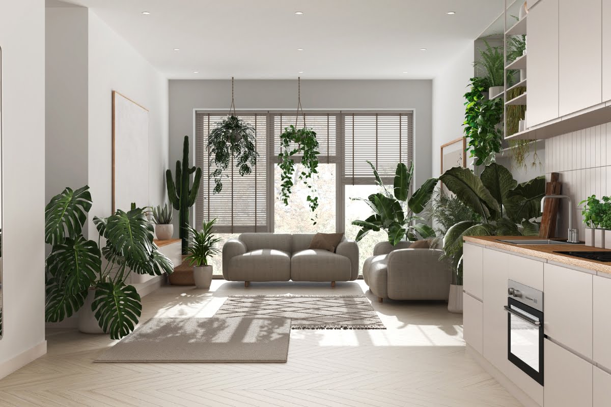 Modern living room with large windows, hanging and potted plants for a healthy home design, a light gray sofa, and a beige rug. Kitchen area visible on the right with light wood cabinets and built-in appliances.