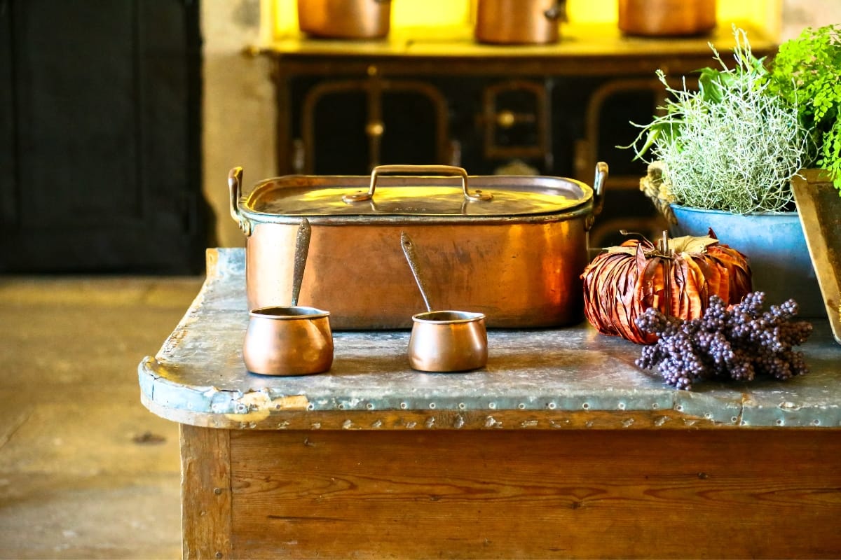 Copper cookware and decorative plants grace the wooden table, embodying the charm of vintage style kitchens in this inviting kitchen setting.