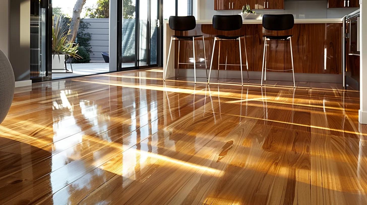 a beautifully designed kitchen featuring elegant, polished hardwood flooring that seamlessly complements modern cabinetry and vibrant, natural light streaming through expansive windows.