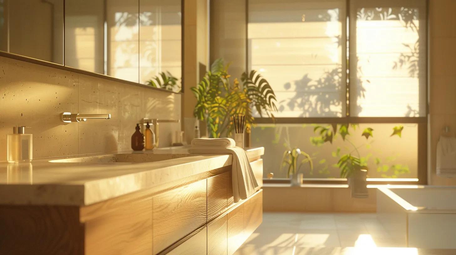 Expert Tips for Choosing Lasting Bathroom Remodel Materials 1 a serene bathroom interior showcases elegant, durable materials like marble countertops and rich wood cabinetry, illuminated by soft natural light streaming through frosted glass windows.