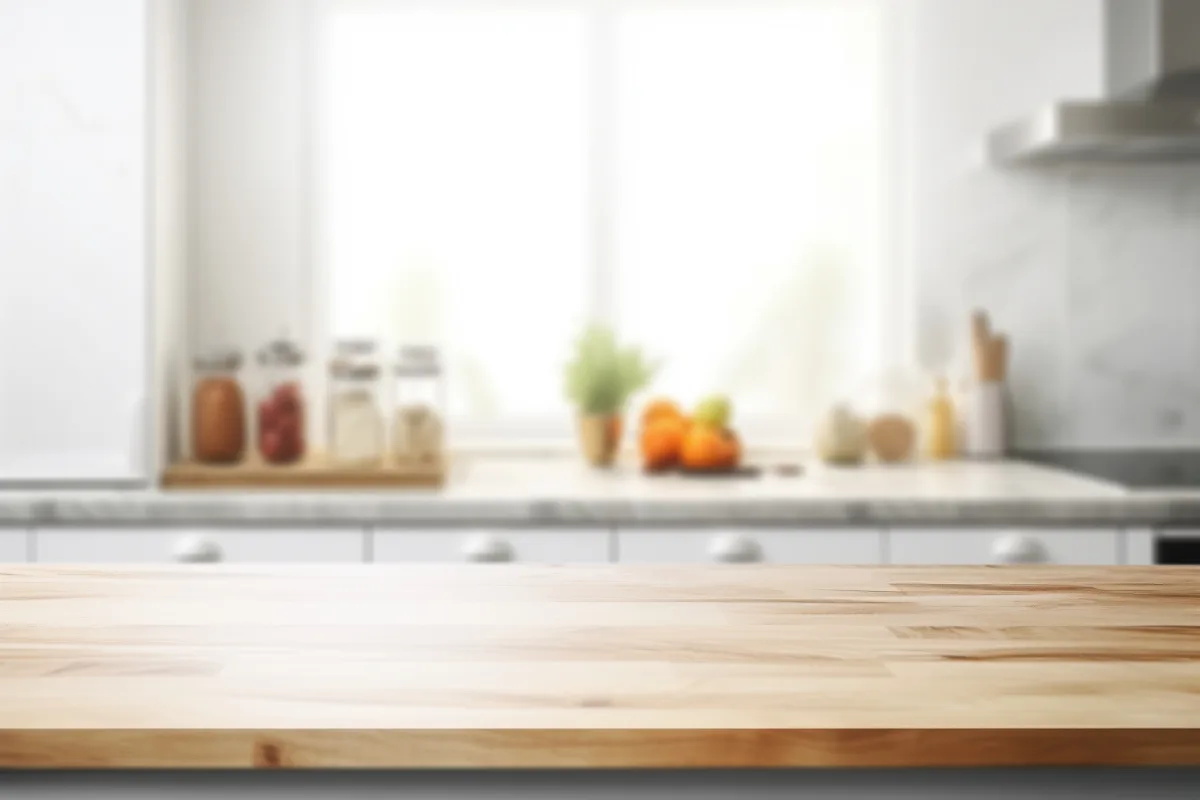 Top Kitchen Countertop Options for Your Sandy Springs Remodel 22 A wooden kitchen countertop seamlessly complements the blurred background of a modern kitchen. Sandy Springs homeowners will appreciate the display of jars, fruits, and utensils near a bright window, highlighting diverse kitchen countertop options.