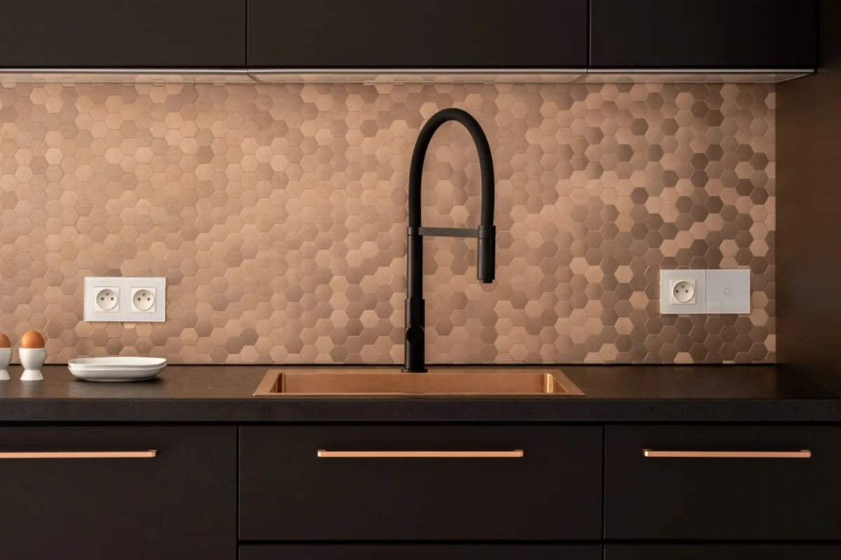 Top Kitchen Countertop Options for Your Sandy Springs Remodel 27 In the heart of Sandy Springs, this modern kitchen showcases black cabinets and a sleek countertop. The copper hexagonal tile backsplash adds warmth, while black accents complete the look. Perfect for homeowners exploring stylish kitchen countertop options, every detail is thoughtfully curated.