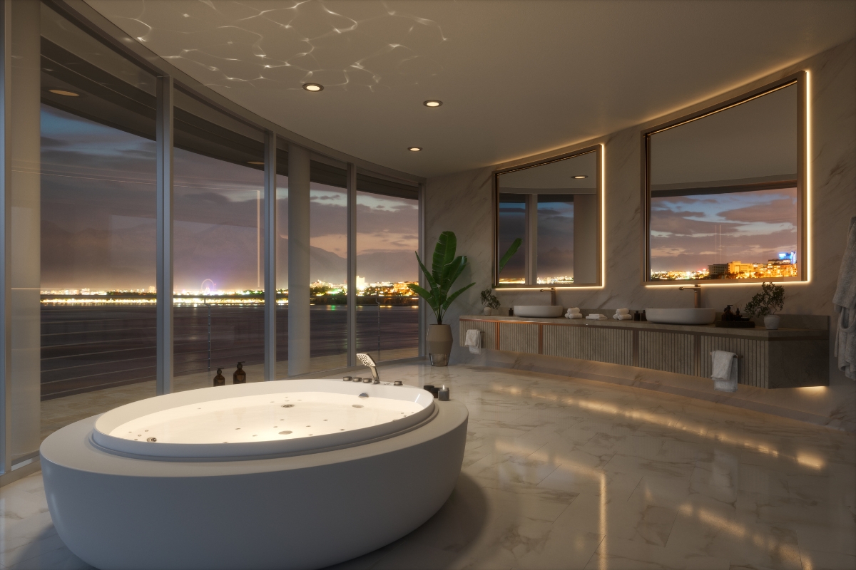 Elegant Bathroom Vanities in Roswell: Choosing the Right Style for Your Space 4 Modern bathroom with a round bathtub, elegant bathroom vanities, large floor-to-ceiling windows overlooking a cityscape at dusk, marble floors, and built-in seating with mirrors.