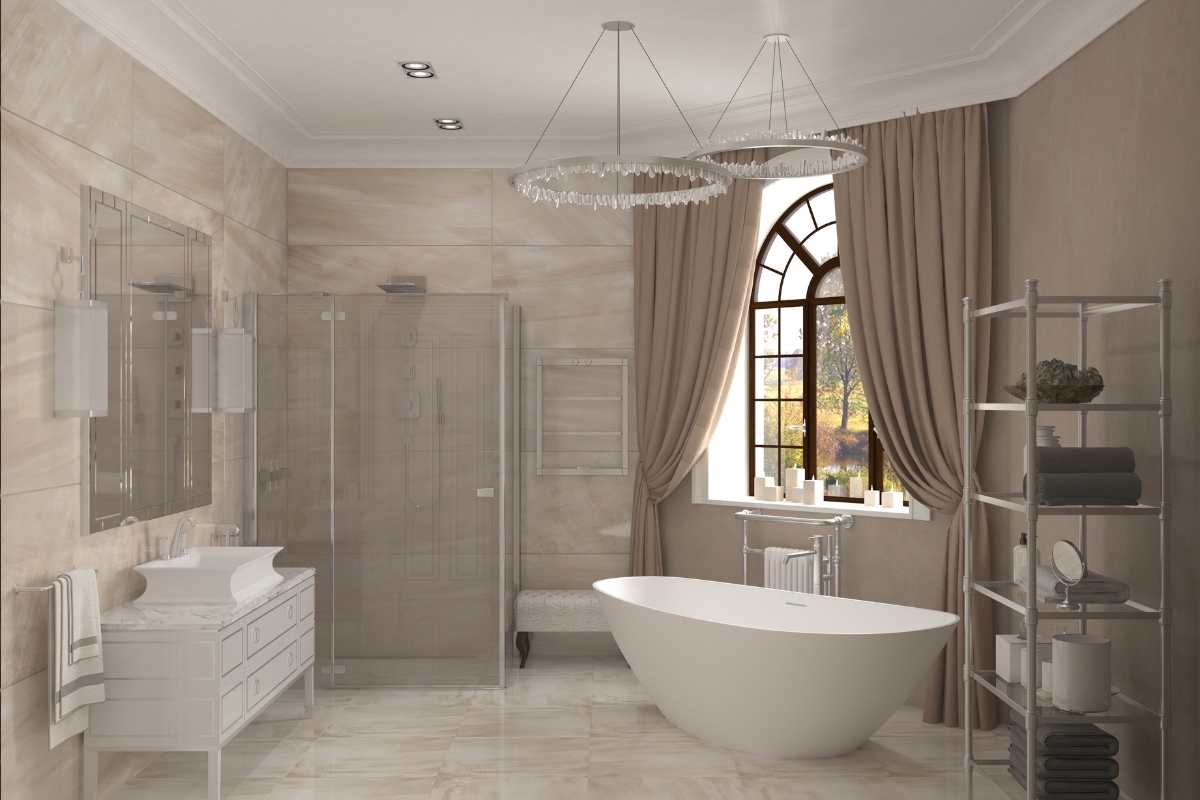 Bathroom Tile Flooring in Vinings: Expert Tips, Trends, and Benefits 7 Modern bathroom with a freestanding bathtub, glass shower, double sink vanity, towel rack, and large window with beige curtains, featuring neutral bathroom tile flooring and metal shelving.