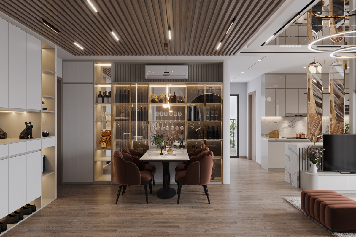 Custom Kitchen Storage Solutions in Kennesaw: Maximize Your Space 3 Modern dining area with a marble table, six brown chairs, illuminated shelves displaying bottles and decor, and an open view into a minimalist kitchen featuring custom kitchen storage.