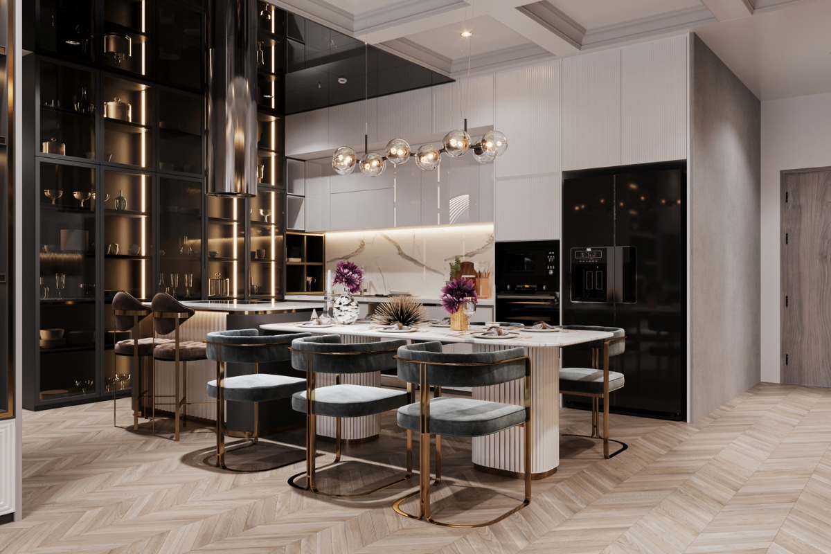 Luxury Kitchen Remodeling in Buckhead: Must-Have Features for 2025 1 Experience luxury kitchen remodeling in this modern kitchen featuring a large island, velvet chairs, pendant lighting, built-in appliances, glass cabinets, and decorative vases with purple flowers.
