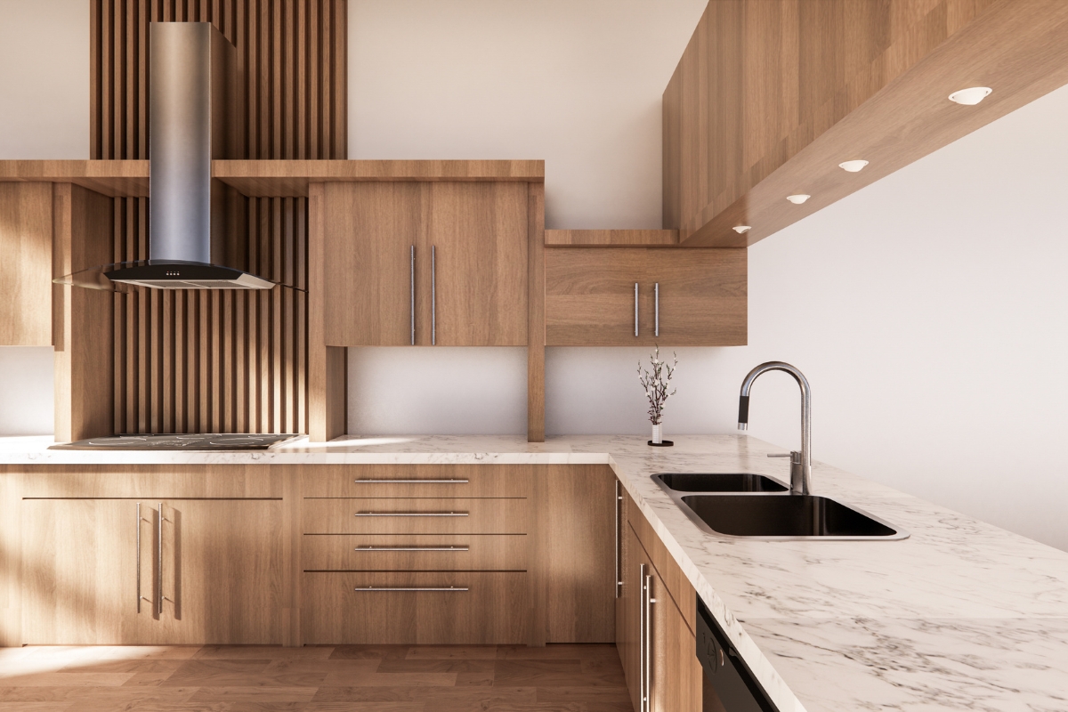 Luxury Kitchen Remodeling in Buckhead: Must-Have Features for 2025 3 Modern kitchen with wood cabinets, vertical slat backsplash, stainless steel range hood, marble countertops, and under-cabinet lighting—perfect for those seeking luxury kitchen remodeling with a double sink and tall faucet.