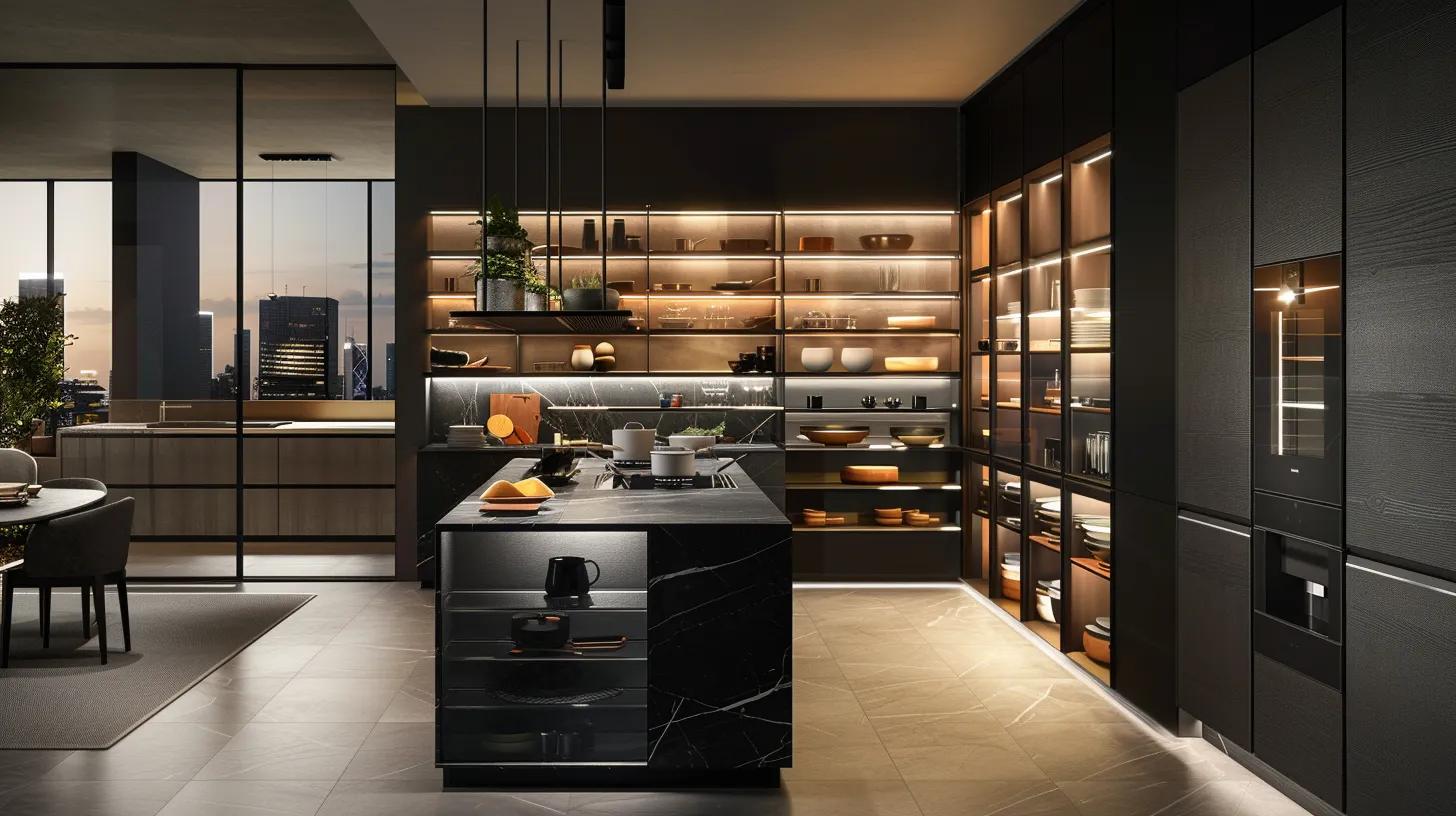 a sleek, modern kitchen showcasing innovative custom storage solutions, featuring smart shelving, pull-out drawers, and organized cabinetry, all designed to maximize space in a stylish urban setting.