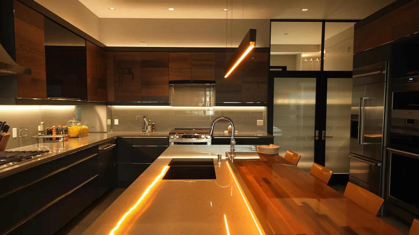 Eco-Friendly Kitchen Remodeling in Smyrna: Sustainable Upgrades That Last 11 a modern kitchen featuring sleek, eco-friendly materials such as recycled glass countertops and energy-efficient appliances, illuminated by warm, ambient lighting that highlights the sophisticated yet sustainable design.