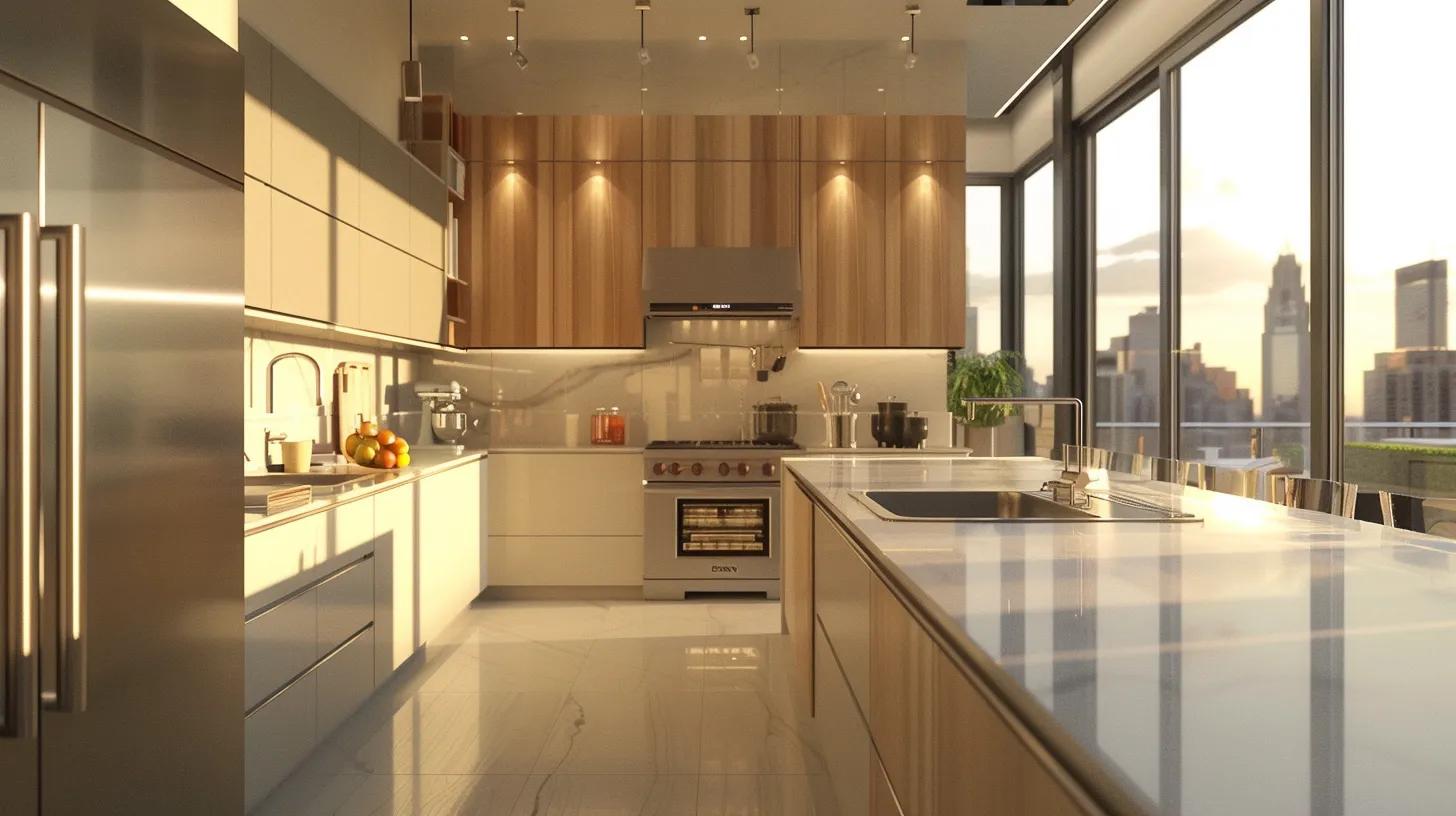a modern, sleek kitchen showcasing eco-friendly materials, featuring energy-efficient appliances and stylish, sustainable fixtures against a bright urban backdrop, perfectly embodying the future of sustainable home remodeling in 2025.