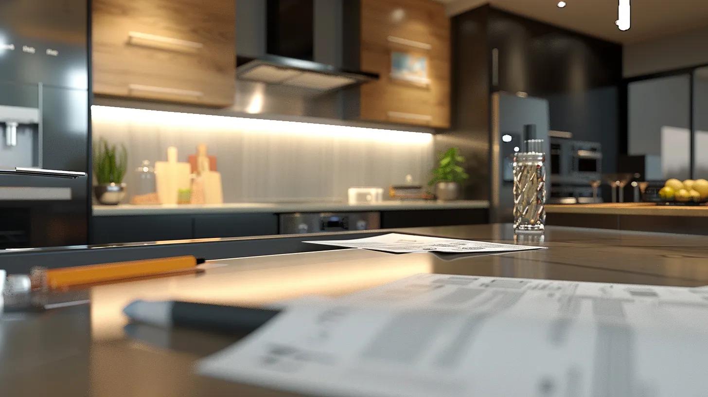 Eco-Friendly Kitchen Remodeling in Smyrna: Sustainable Upgrades That Last 17 a modern, stylish kitchen featuring eco-friendly appliances and sustainable materials, illuminated by sleek overhead lighting, showcasing cost analysis documents and contractor quotes spread across a polished countertop, emphasizing the theme of budgeting for an eco-friendly remodel.