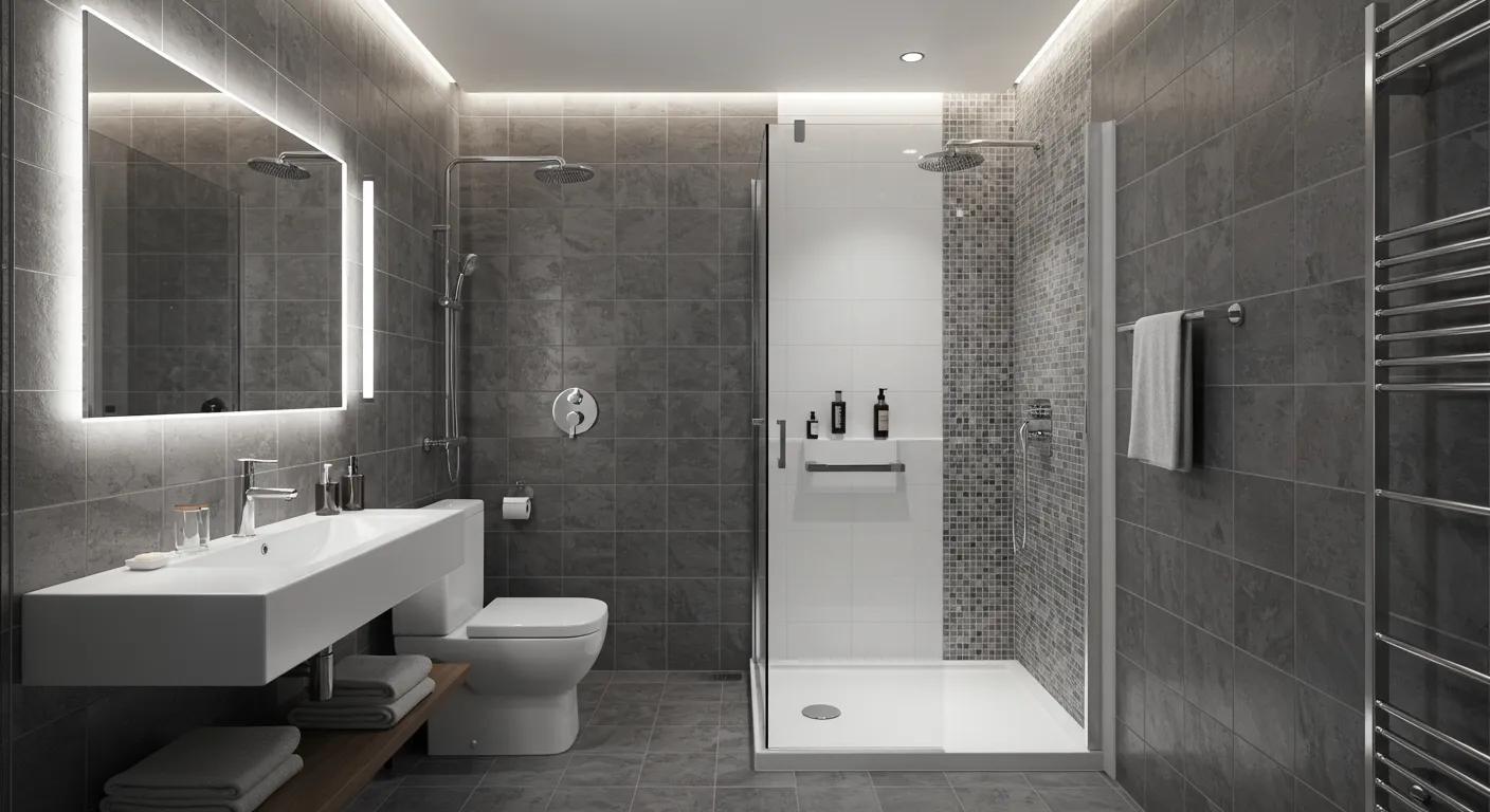 Walk-In Showers vs. Bathtubs in Johns Creek: Which Is Right for You? 10 a sleek, modern walk-in shower in a stylish bathroom setting, featuring elegant tiles and minimalistic fixtures, exemplifying accessibility and contemporary design.