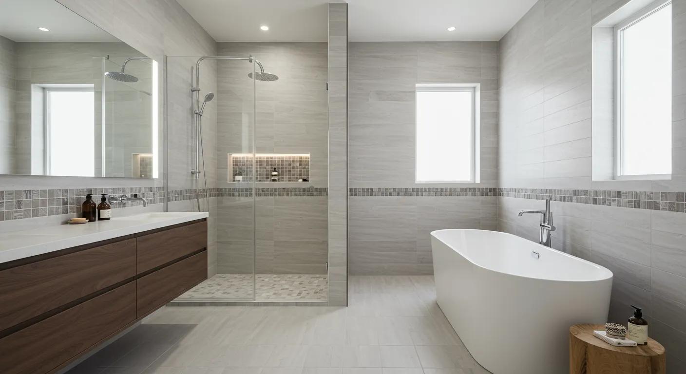 Walk-In Showers vs. Bathtubs in Johns Creek: Which Is Right for You? 12 a sleek, modern bathroom showcases a walk-in shower with pristine tile finishes and a stylish freestanding bathtub, emphasizing contrasts in maintenance and durability through its elegant design and immaculate surfaces.