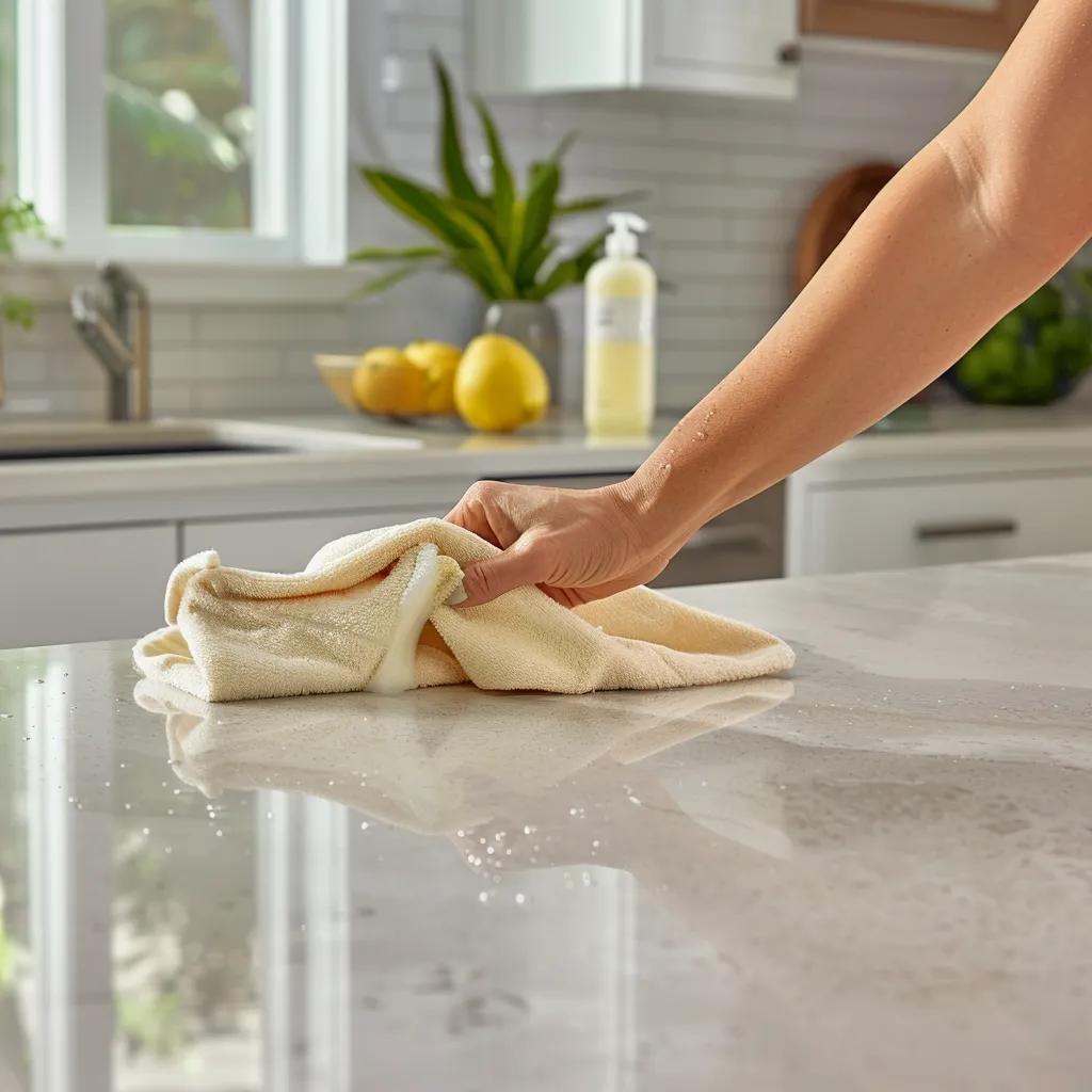 Quartz vs. Granite Countertops in Alpharetta: Which Should You Choose? 12 Homeowner cleaning quartz countertop with a sealing kit for granite in a modern kitchen