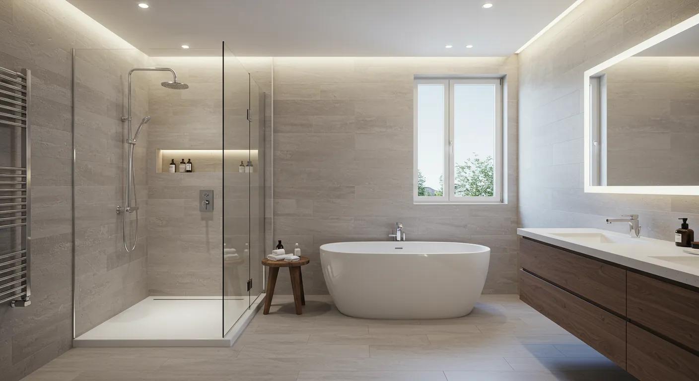 a modern bathroom elegantly showcases a sleek walk-in shower contrasted with a luxurious freestanding bathtub, all set under soft, ambient lighting that highlights the sophisticated design and materials.