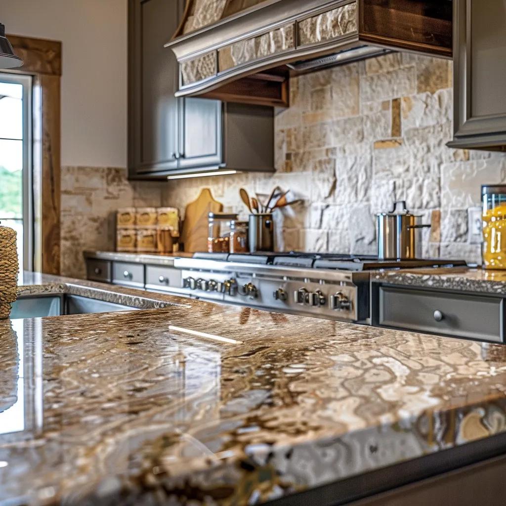Stylish kitchen with quartz and granite countertops showcasing their textures and colors