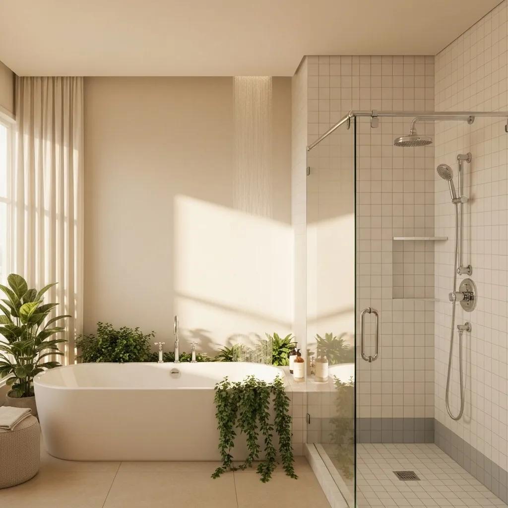 Modern spa-inspired bathroom with freestanding tub and rainfall showerhead