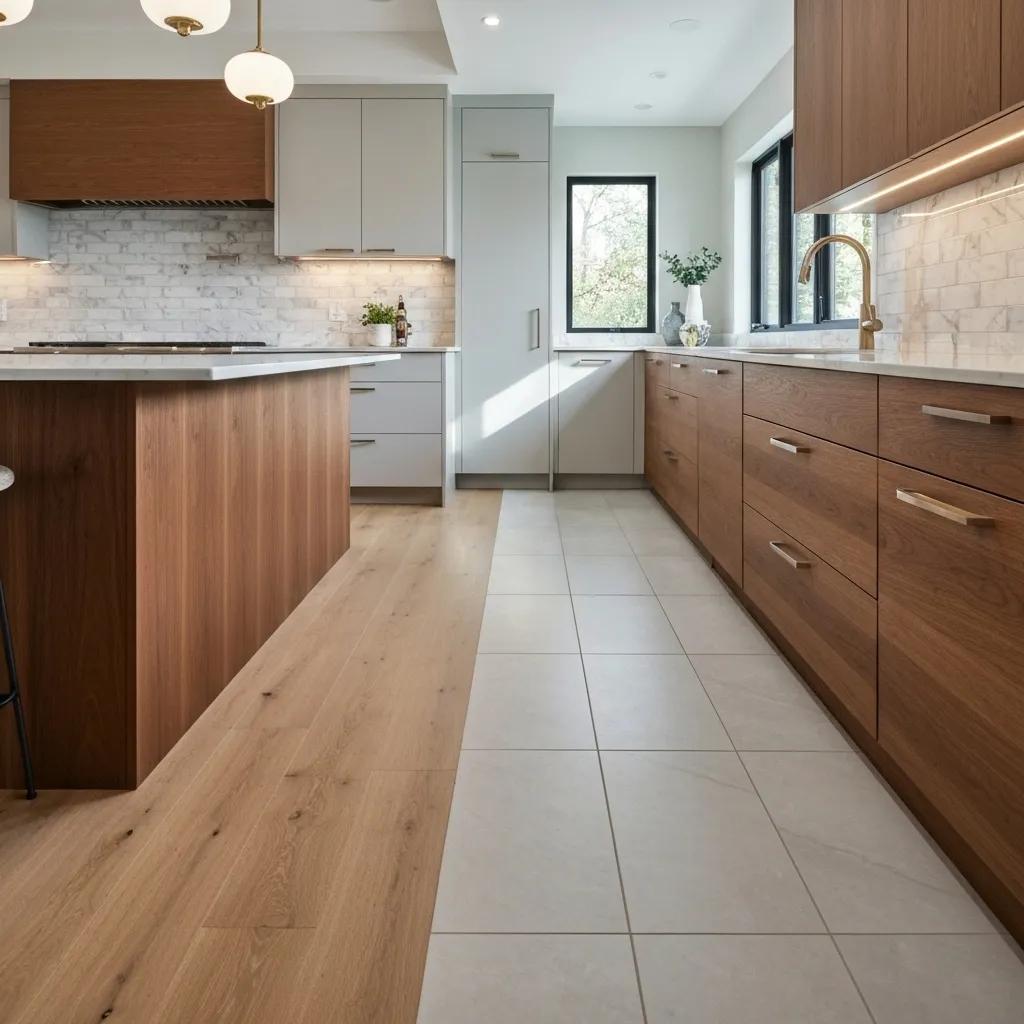 Stylish kitchen flooring options including porcelain tiles, luxury vinyl planks, and engineered hardwood in a well-lit kitchen