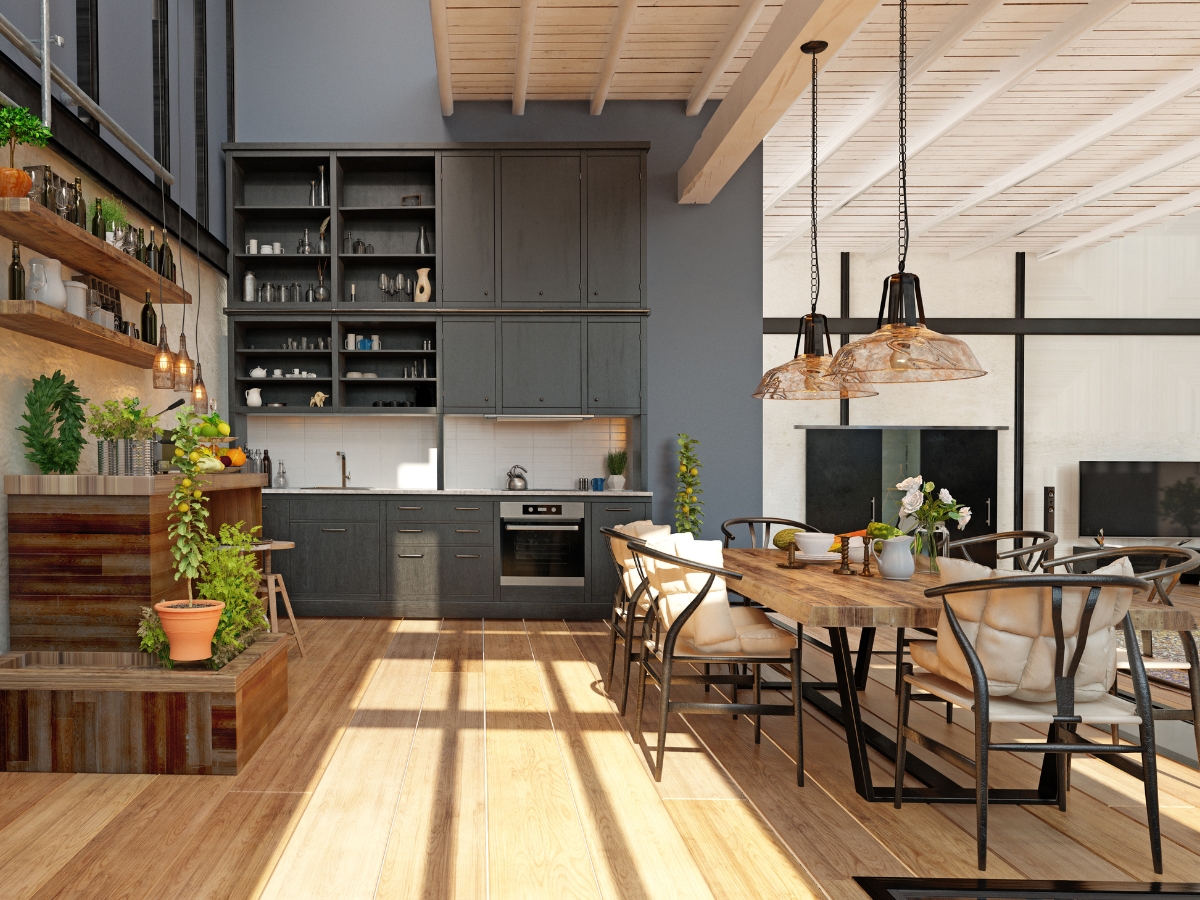 How to Select the Best Kitchen Flooring in Marietta GA: A Complete Guide 5 Modern open-plan kitchen and dining area with dark cabinets, wooden shelves, plants, a long dining table, and large windows letting in natural light—the perfect space to showcase the best kitchen flooring for both style and durability.