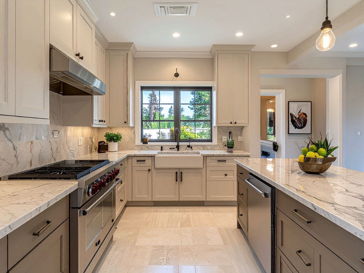 Custom Cabinetry vs. Stock Cabinets in Sandy Springs: Which Is Right for You? 6 Modern kitchen with beige cabinets, marble countertops, stainless steel appliances, and a farmhouse sink under a window. The space highlights the benefits of custom cabinetry vs. stock cabinets and features a bowl of fruit on the island.