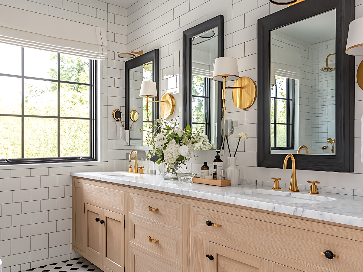 Transform Your Bathroom with a Modern Bathroom Vanity in Buckhead GA 6 Modern bathroom featuring a double modern bathroom vanity with light wood cabinetry, white subway tile walls, gold fixtures, two mirrors, and a window with natural light. A vase with white flowers sits on the counter.