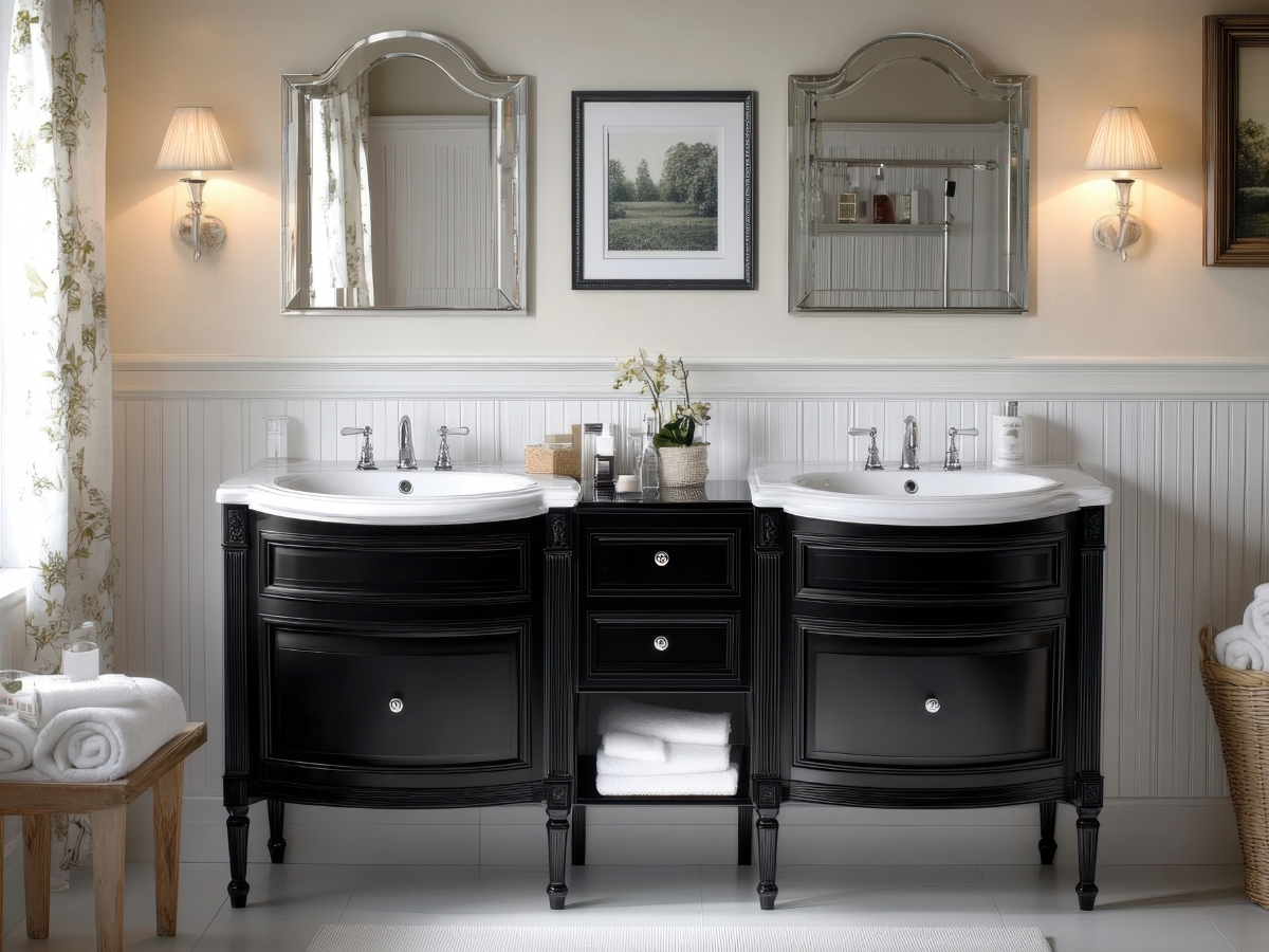 Transform Your Bathroom with a Modern Bathroom Vanity in Buckhead GA 2 A modern bathroom vanity setup features double black vanities, two wall mirrors, white sinks, sleek wall sconces, towels, and a framed picture above the vanities.