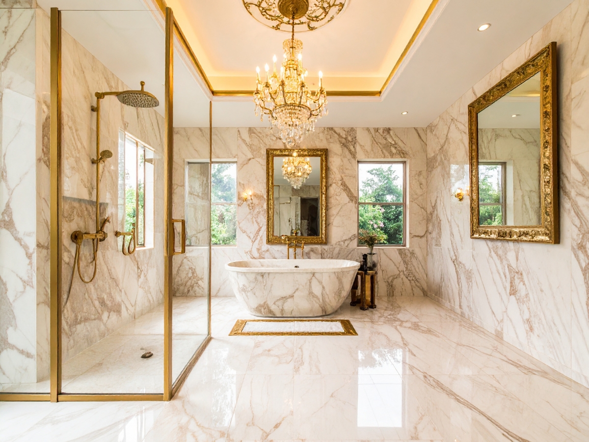 Master Bathroom Remodeling in Vinings: Creating a Luxury Retreat 2 Experience master bathroom remodeling in Vinings with this luxurious marble bathroom featuring a large freestanding tub, gold-framed mirrors, a glass shower, and an elegant chandelier.