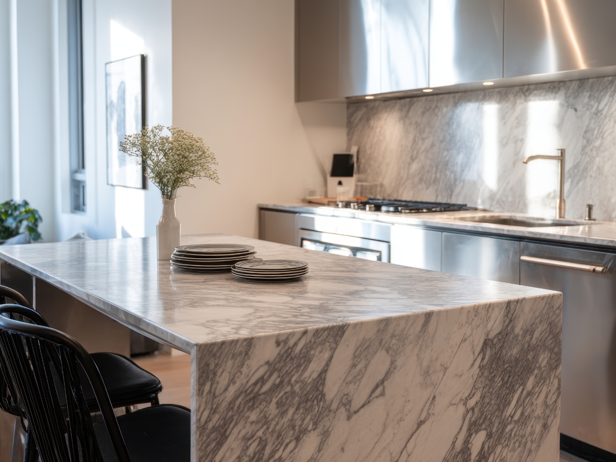 Quartz Countertops in Roswell: Why They're a Top Choice for Kitchens 3 Modern kitchen with Quartz Countertops in Roswell, marble island, stacked plates, black chairs, stainless steel appliances, and a vase with white flowers. Marble backsplash and under-cabinet lighting complete the sleek look.