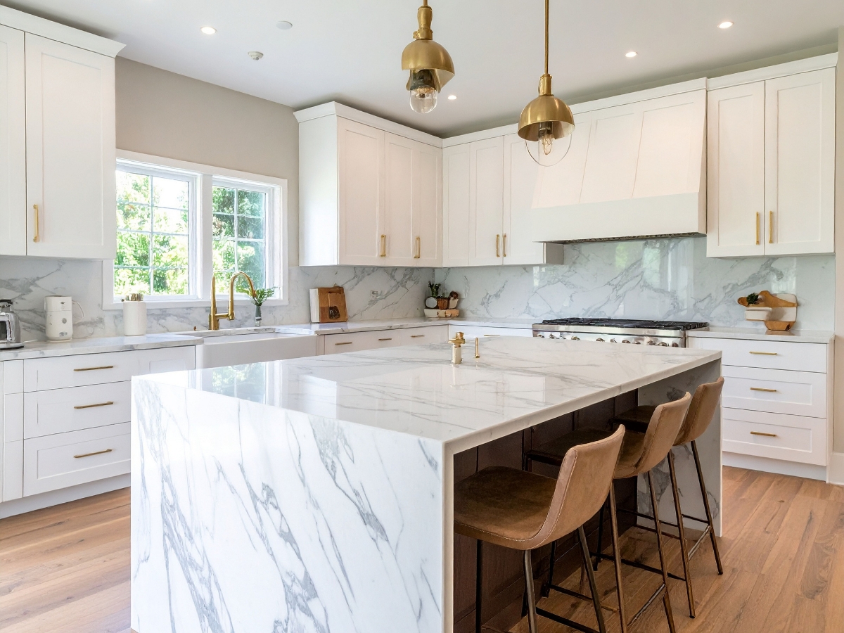 Quartz Countertops in Roswell: Why They're a Top Choice for Kitchens 2 Modern kitchen with white cabinets, quartz countertops in Roswell, marble backsplash, gold fixtures, pendant lights, and three brown barstools at a large island.