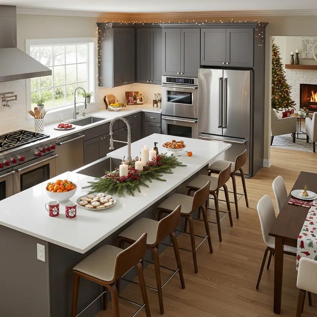 Holiday Home Upgrades: Kitchen Remodeling in Smyrna GA for Festive Gatherings 1 Remodeled kitchen for holiday gatherings with island seating and festive decor