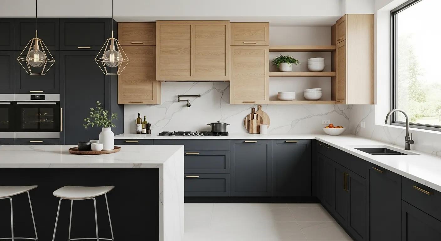 Selection of modern kitchen cabinet styles showing Shaker, flat-panel, two-tone, and handleless options
