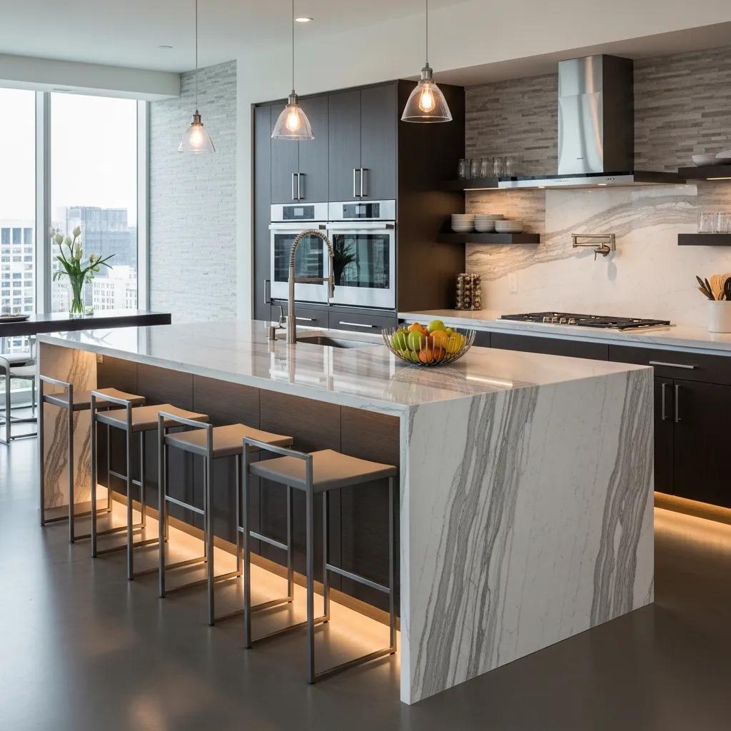 Elegant waterfall island in quartzite with integrated seating and modern features