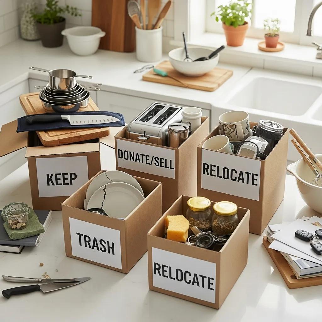 Essential Tips for Organizing Kitchen Cabinets 2 Boxes labeled Keep, Donate, Trash, and Relocate for kitchen decluttering