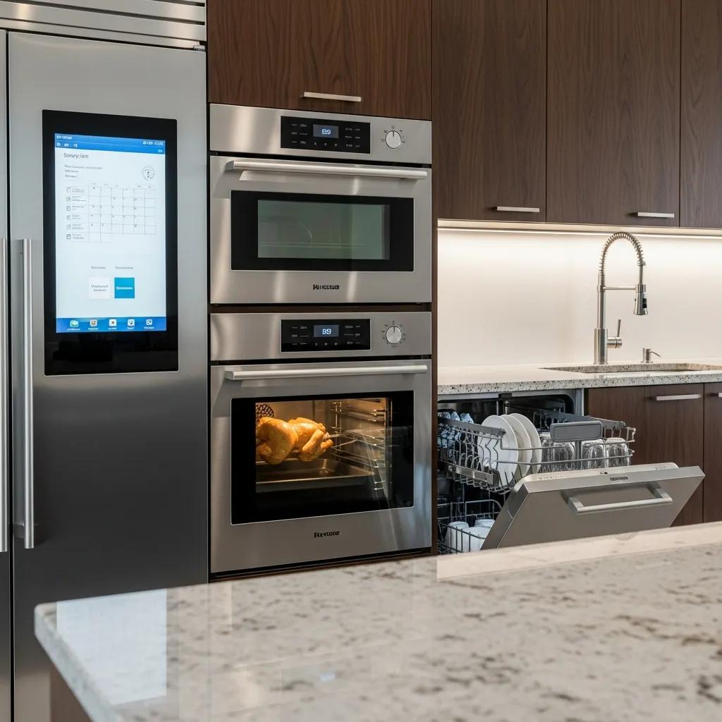 Smart refrigerator and professional oven in a modern luxury kitchen