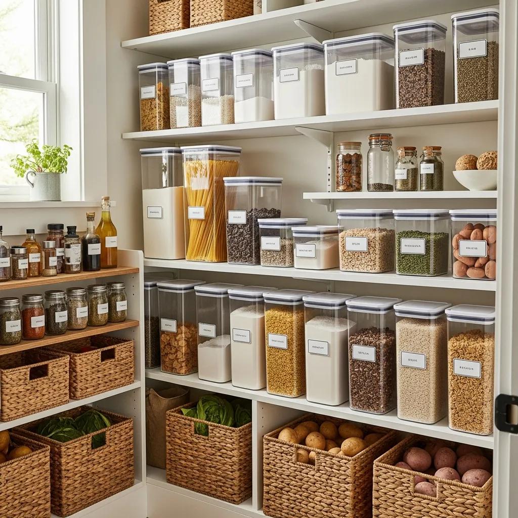 Essential Tips for Organizing Kitchen Cabinets 5 Pantry with clear labeled containers and tiered shelving for easy access