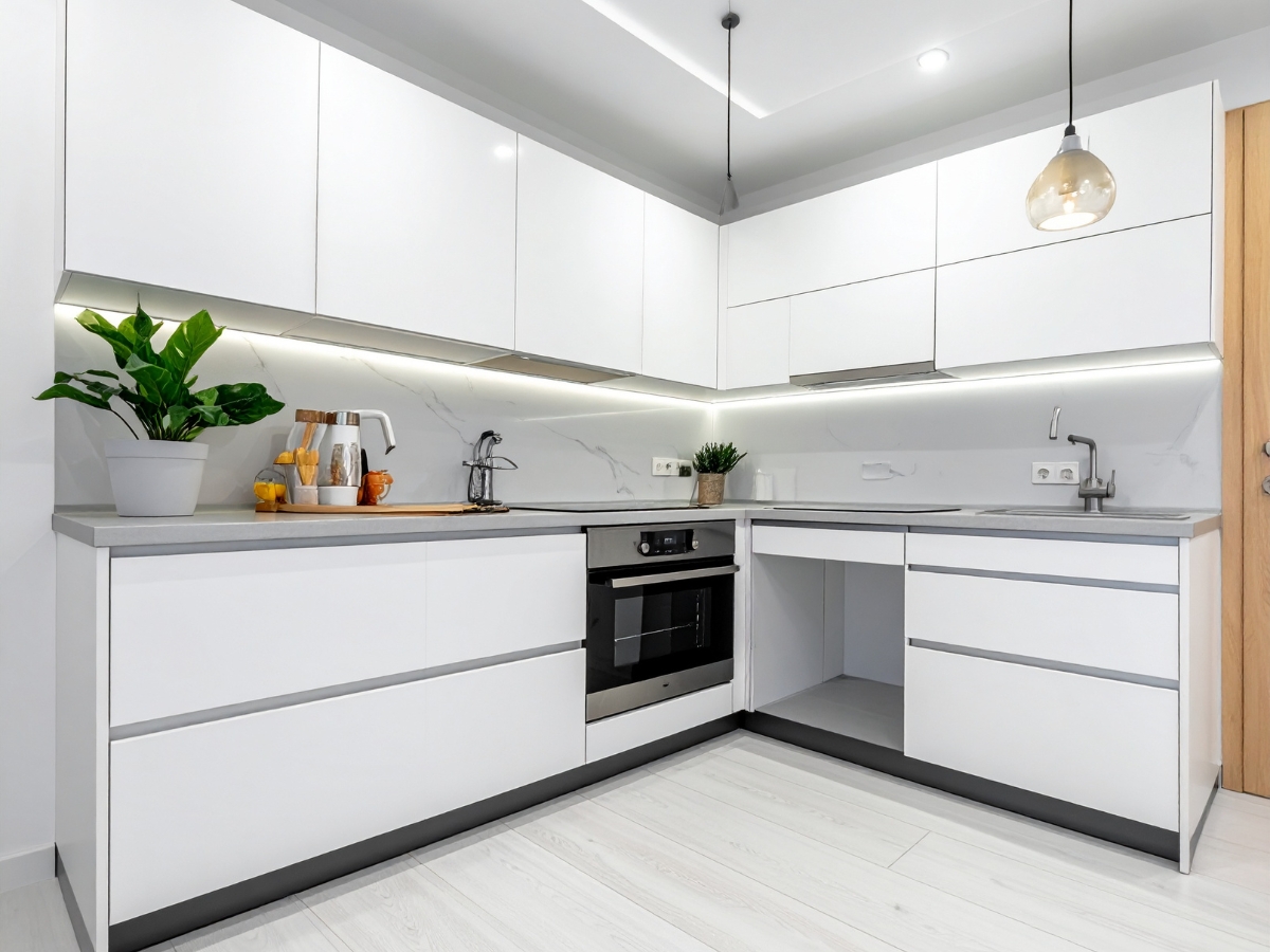 Modern kitchen featuring white cabinets in popular kitchen cabinet styles, built-in oven, induction cooktop, sink, under-cabinet lighting, a potted plant, and minimalist decor atop a light wood floor.