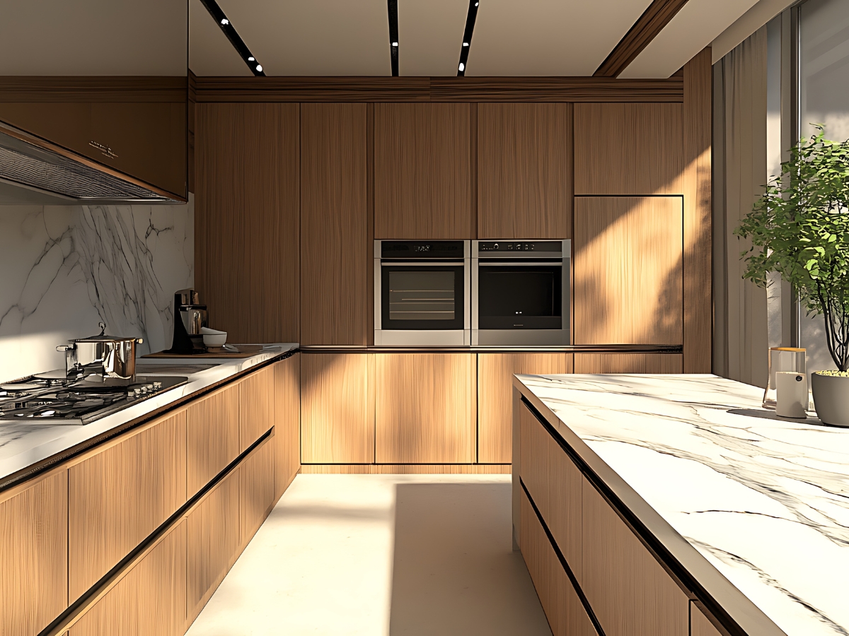 Modern kitchen with wood cabinetry in popular kitchen cabinet styles, marble countertops, built-in ovens, a gas stove, and a potted plant by a sunlit window.