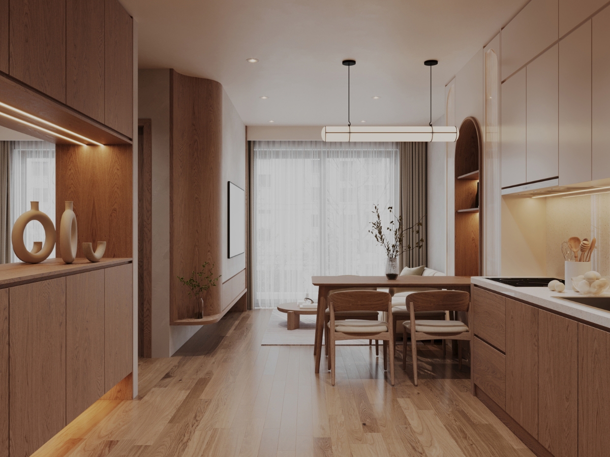 Upscale Small Kitchen Design Ideas for Every Budget 5 Modern kitchen and dining area featuring wood flooring, wooden cabinetry, white countertops, a dining table with four chairs—perfect inspiration for small kitchen design ideas—plus pendant lighting and a large window with sheer curtains.